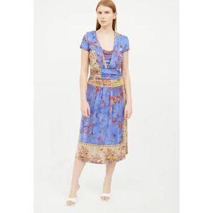 Etro Floral Border Print Ruched‎ Midi Dress Blue, Beige Size 42 US 6